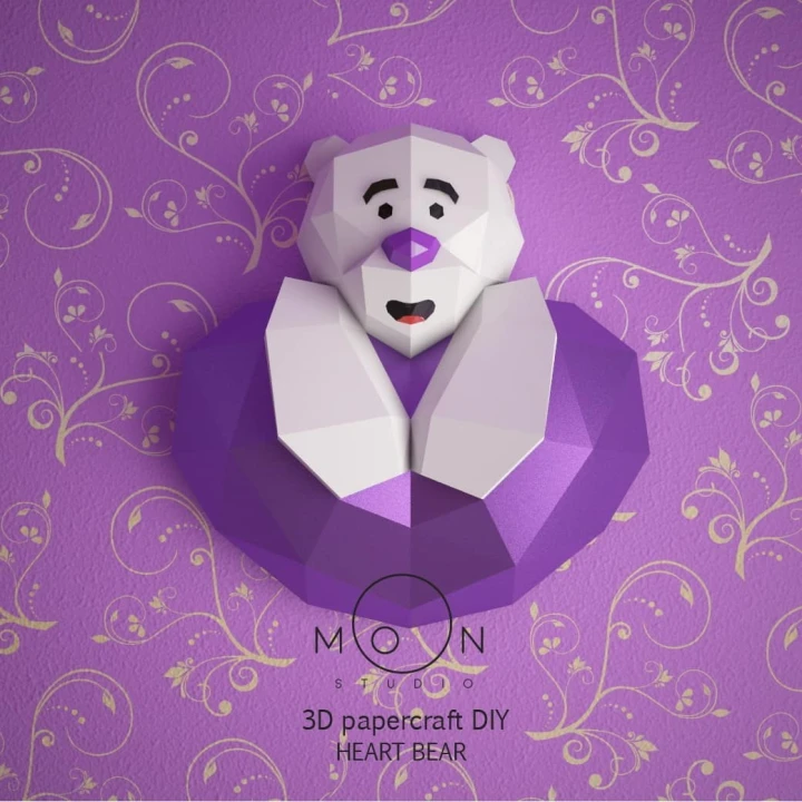 Heart Bear, DIY, Papercraft, PDF, Low Poly, 3D model, Craft, Paper, Retro Game, Valentine's Day, Love, Room Decor