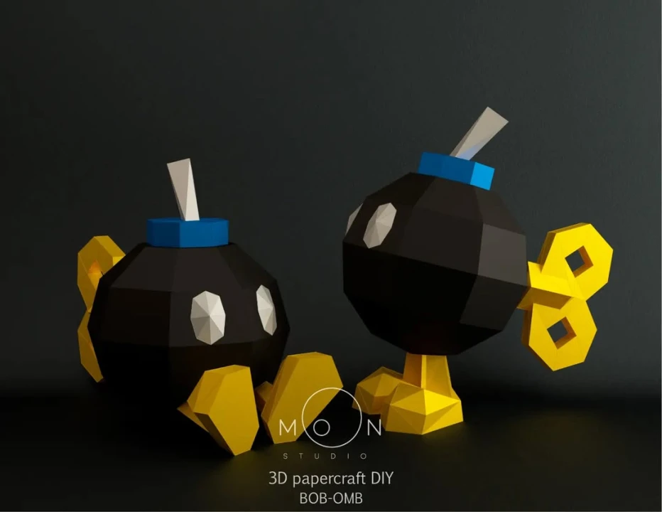 Bob-omb, DIY, Papercraft, PDF, Low Poly, 3D model, Craft, Paper, Mario, Retro Game, Nes, Snes, GBA, Gb, Room Decor