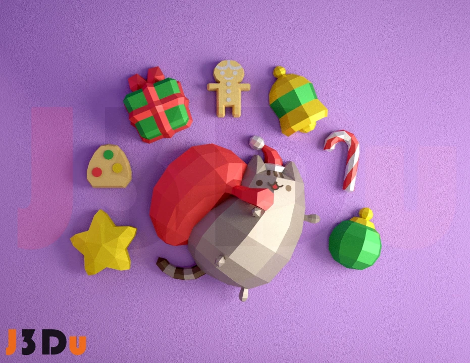 Christmas Cat (Pusheen Navidad) Papercraft PDF, Template For office, Room, Decor, DIY gift for friends, family, Low poly Paper, Paper Craft 3D kit by J3Du