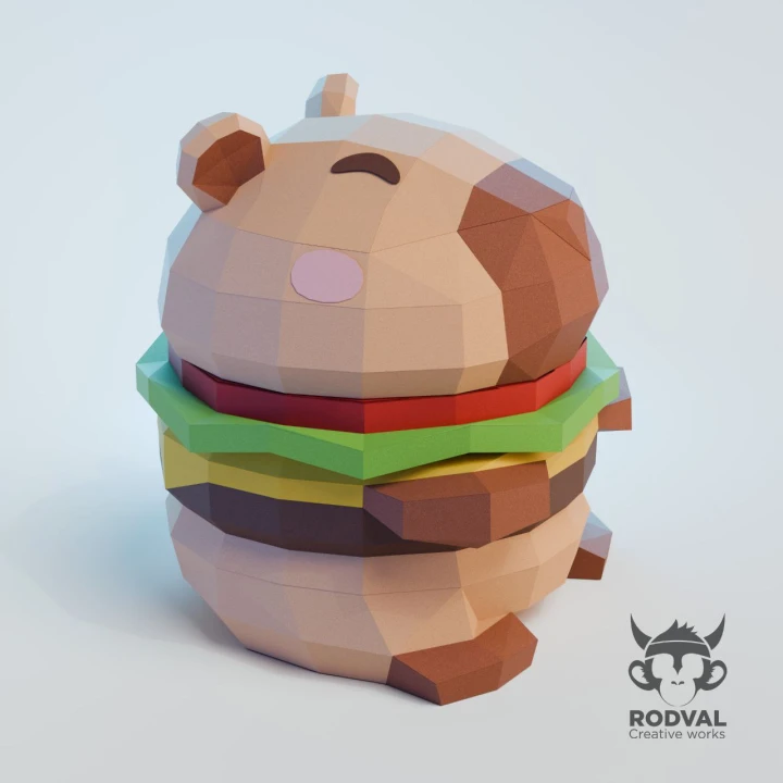 CAPYBURGER, Papercraft, Template, DIY, Paper, Low Poly, Cute, Kawaii, 3D Model, Pdf Low Poply, Kids Toy