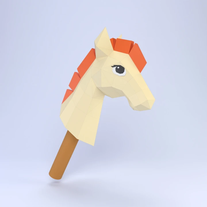 Low Poly Hobby Horse Papercraft Template | DIY 3D Stick Horse Toy Sculpture | Nursery Decor & Playroom Art