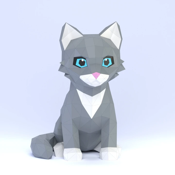 Low Poly Seated Kitten Papercraft Template | DIY 3D Geometric Cat Sculpture | Home Decor