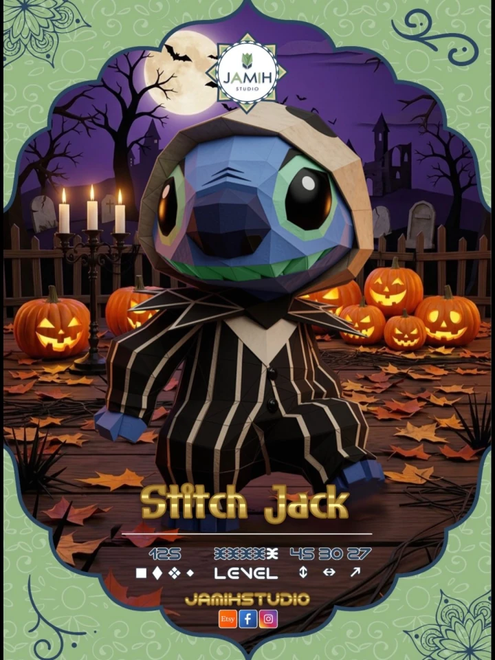 Stitch Jack Skellington 3D Papercraft Template PDF – Printable Low Poly Paper Model Kit, Easy DIY Digital Craft Instant Access