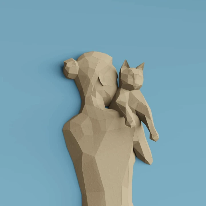 DIY Walking Girl With Cat Papercraft Template Low Poly 3D Human Figure Model Instant Download PDF Artistic Home Decor