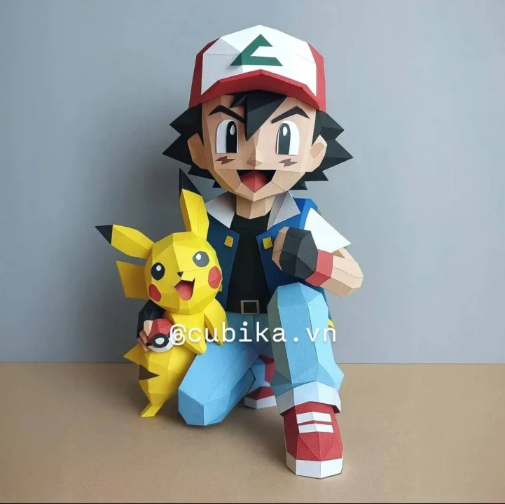 Ash Ketchum and Pikachu Low Poly Papercraft Template PDF | Pokemon 3D Model Download