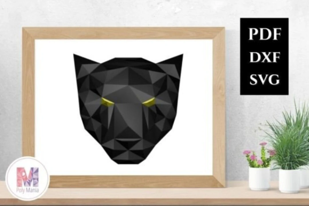 Black Panther Mosaic Frame Papercraft: Low Poly Tribal Art (SVG, PDF, DXF Digital Download)