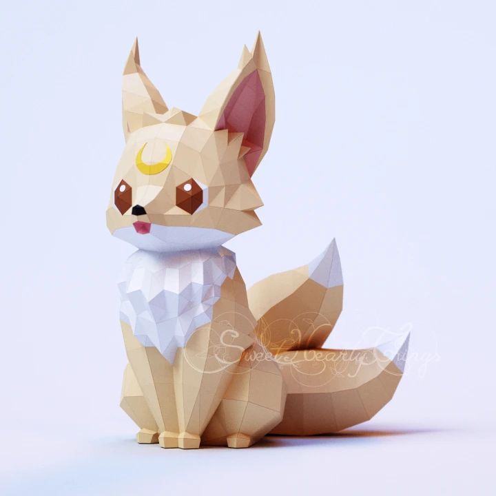 DIY 3d papercraft Little Fox Kitsune Moon PDF Templates Low Poly SweetHeartyThings