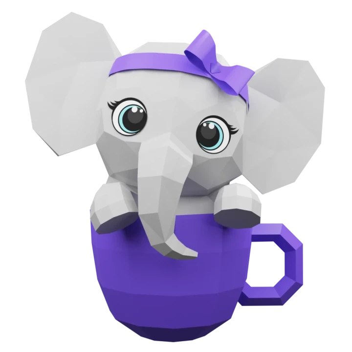 Cute elephant in cup 3d paper craft PDF, low poly paper craft DIY origami decoration pepakura