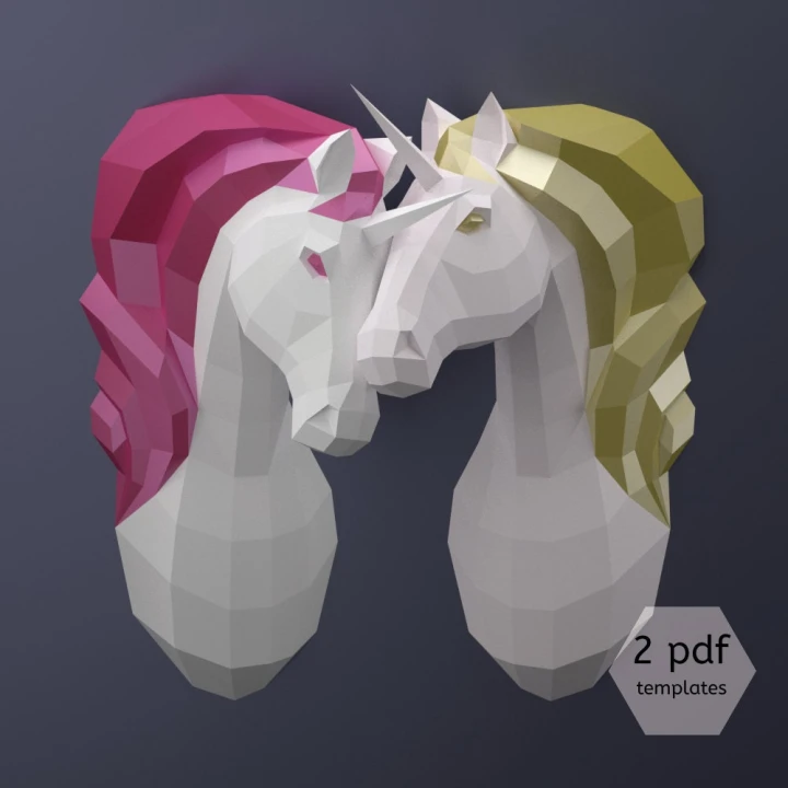 Papercraft 3D - Couple of Unicorns, DIY Paper Unicorns, Printable PDF templates, Low Poly Unicorns, 3D Paper Wall Art, Rainy Day Activities