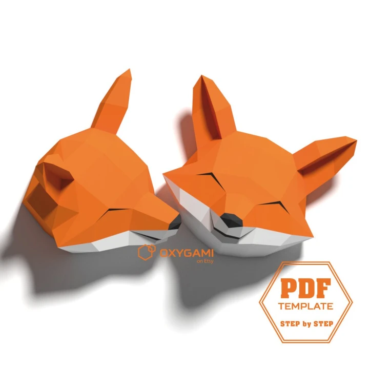 Fox 3D papercraft, Make 2 smiling foxes yourself from these printable patterns and instructions. Forest themed bedroom. (beginner-friendly)
