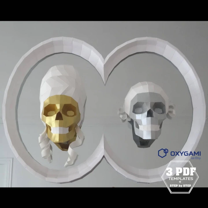 3D papercraft Skull decor, (bundle of 3 printable PDF patterns), Framed Marie Antoinette and Louis XVI, Royal couple, Halloween decor