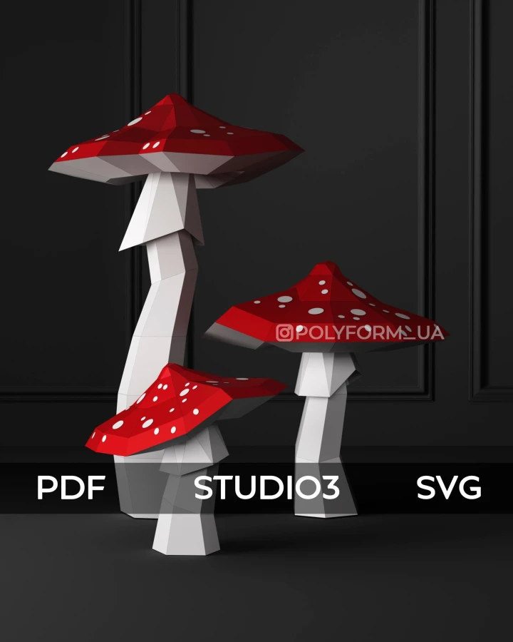 Mushrooms Fly agaric Low Poly Halloween Papercraft Svg PDF template