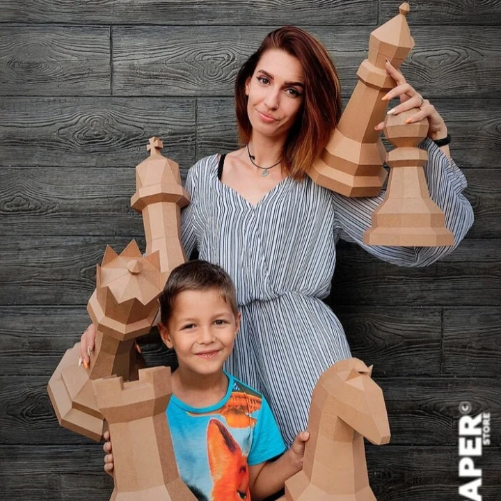 3D Papercraft Chess Set Template, DIY Low Poly Sculpture (Pepakura Pattern)