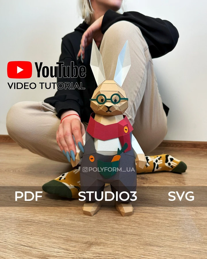 Rabbit Gardener Rabbit Low Poly Bunny Papercraft Easter PDF template decoration