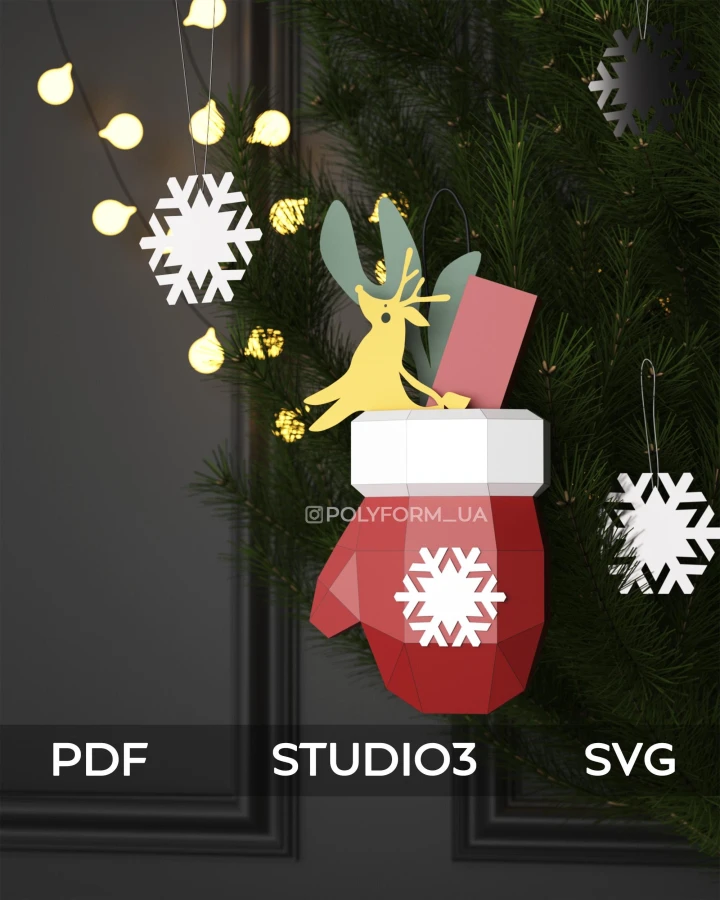 Low Poly Christmas Mitten Papercraft: Sculpture PDF Template SVG