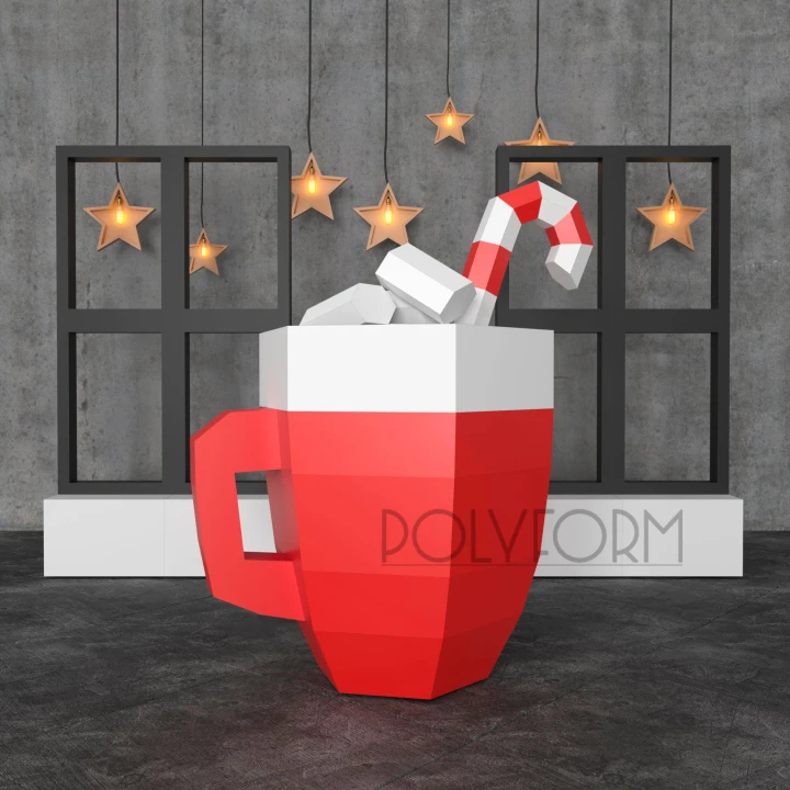 A cup of cocoa Christmas Low Poly Marshmallow New Year Papercraft PDF template