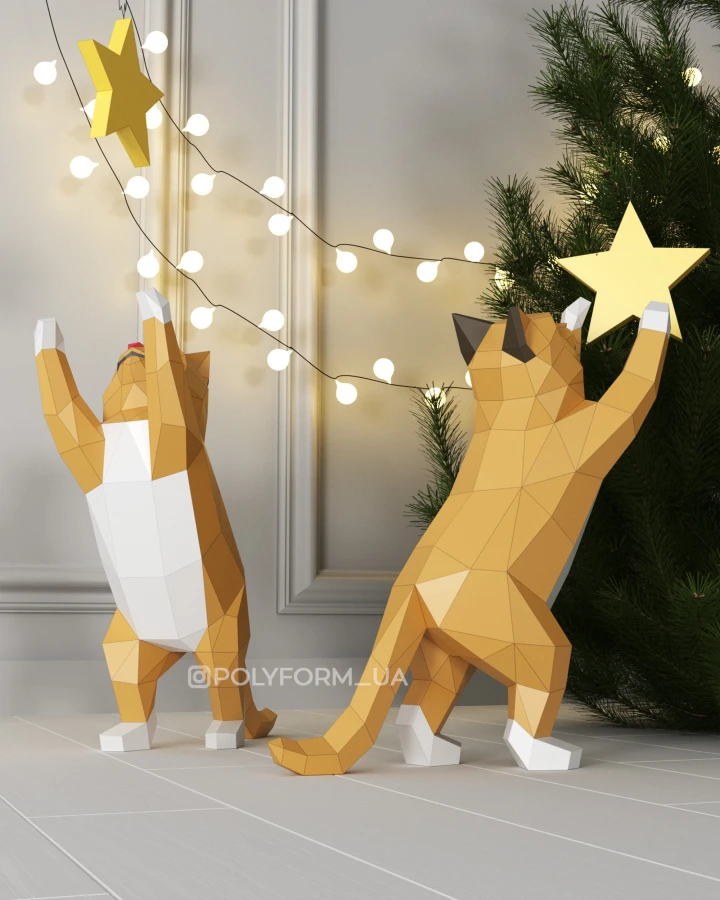 Cat with a Star Low Poly Christmas Papercraft PDF template 3d Model Sculpture