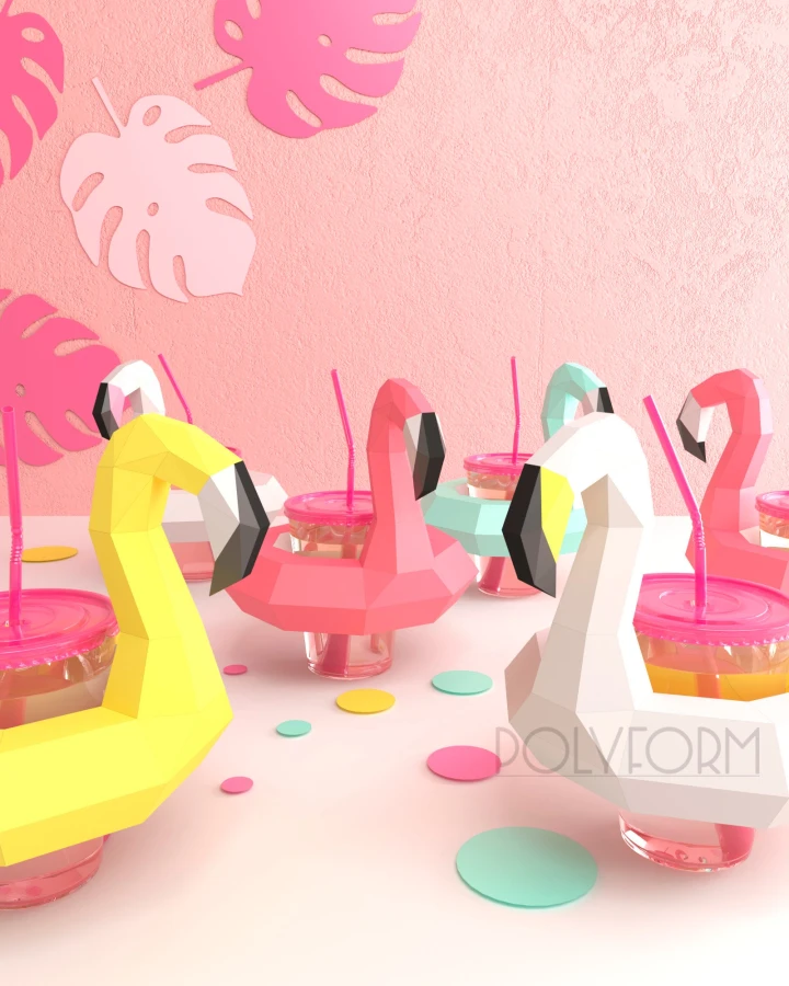 Cocktail Stand Flamingo Low Poly Papercraft PDF template Summer party