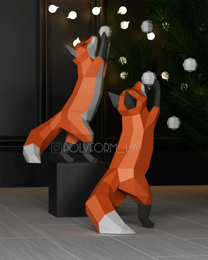 Fox Low Poly Christmas Papercraft Snowball New Year PDF template 3d Model Sculpture