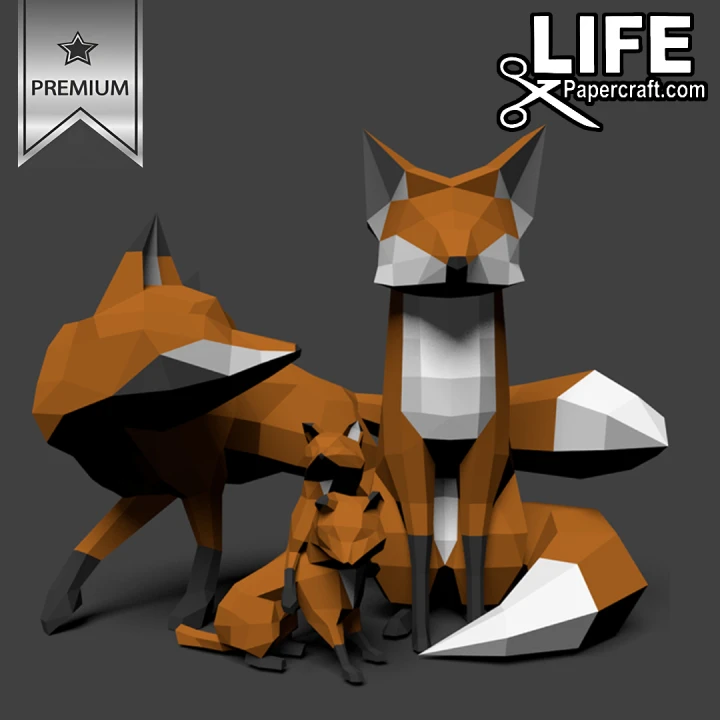 Family Fox Low Poly Papercraft, DIY 3D Paper Model for Creative Home Decoration