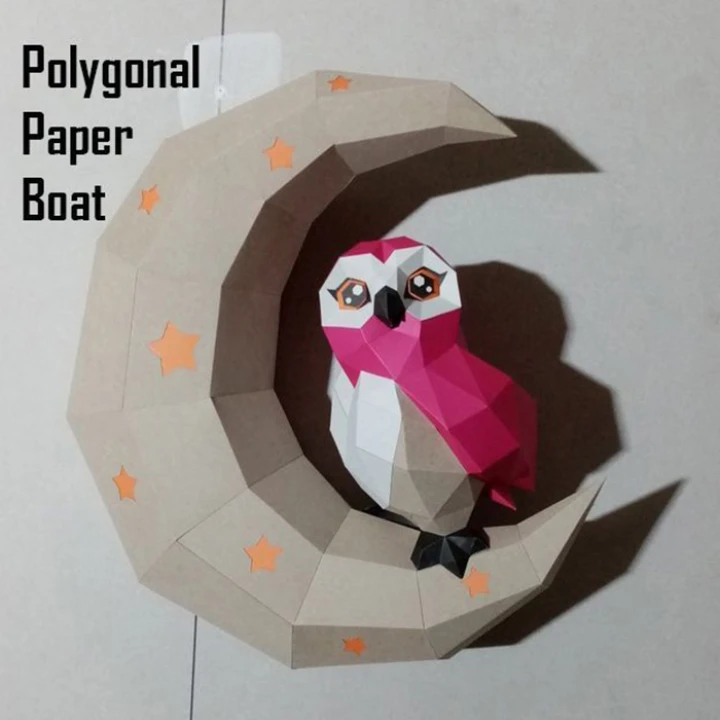 Owl on Moon Wall Papercraft Template - Low Poly, Pepakura PDF, DIY Handmade, Home Decoration, Creative Gifts Owl on Moon Wall Papercraft Template - Low Poly, Pepakura PDF, DIY Handmade, Home Decoration, Creative Gifts