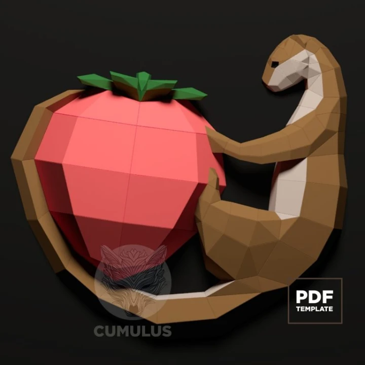 Otter with Strawberry Papercraft Low Poly Decoration, PDF Template, DIY Paper 3D CumulusCraft