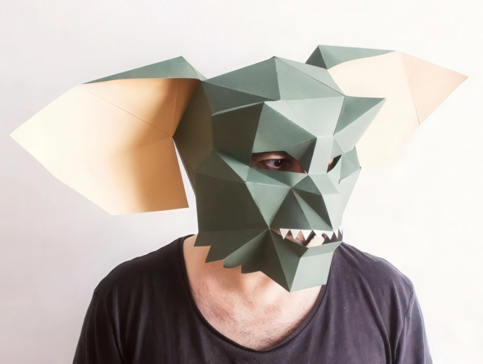 Gremlin Mask, Low Poly Paper Craft Template, Printable Gremlin Face Mask, Instant Pdf Download, 3D Low Poly Gremlin Mask, Origami Mask