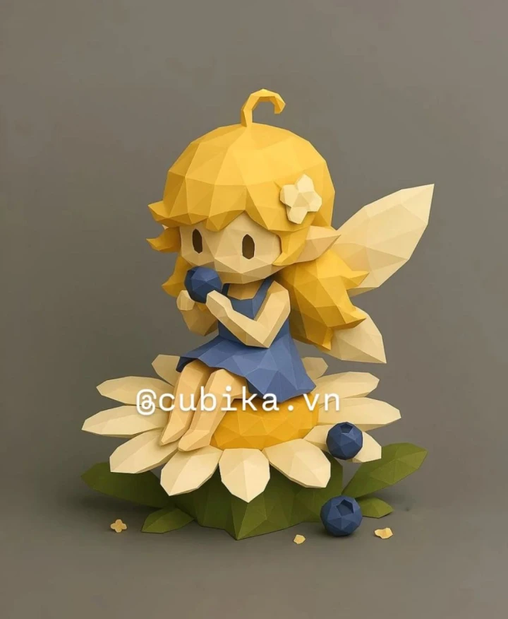 Blueberry Fairy Papercraft Template | DIY 3D Low Poly Fairy Sitting on Log | Enchanted Forest Decor & Unique Gift