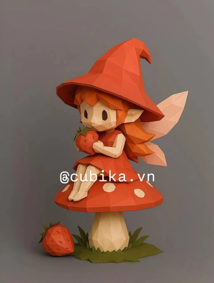 Strawberry Fairy Papercraft Template | DIY 3D Low Poly Fairy Sitting on Log | Enchanted Forest Decor & Unique Gift