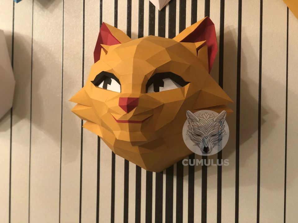 Cat Head Papercraft Low Poly Decoration, PDF Template, DIY Paper 3D CumulusCraft