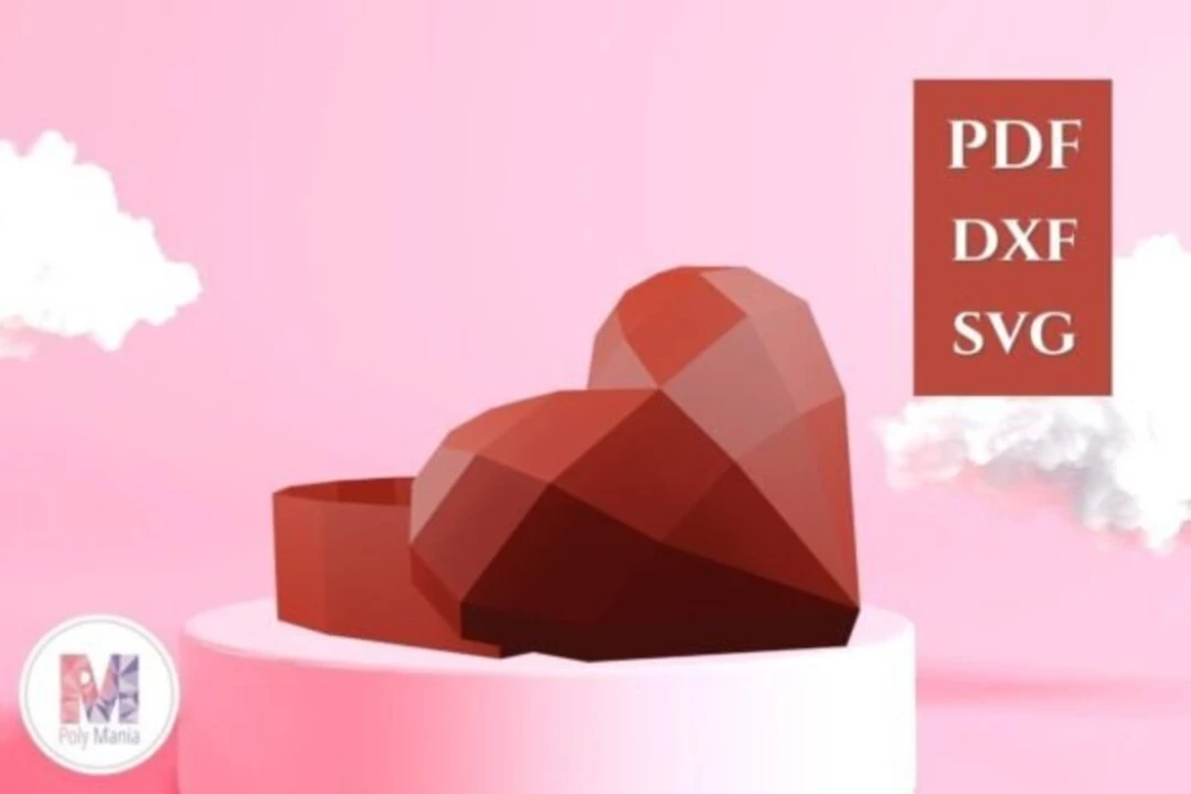 Heart Box Papercraft Template: 3D Low Poly Model (PDF, SVG, DXF)