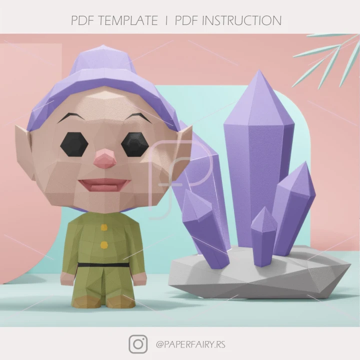 Low poly Snow White and Seven Dwarfs Dwarf Dopey doll with gemstone 3d papercraft sculpture,2 designs included Gnome Doll 3D paper model