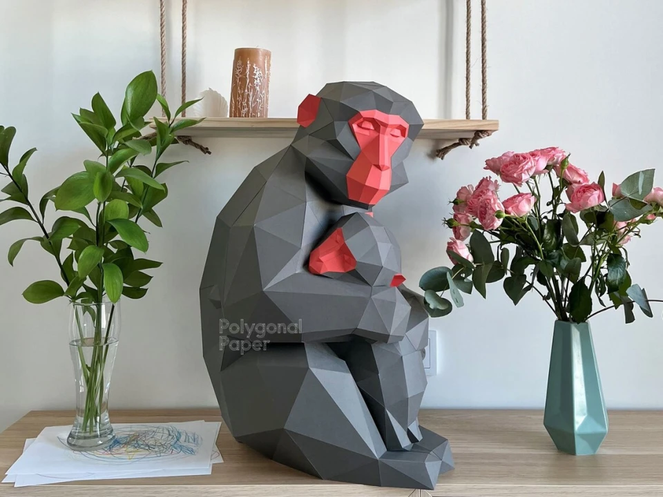 Hugging Japanese Monkeys: Digital Files for Papercraft. PDF Template, DXF Drawings. DIY 3d Sculpture of Mother Macaque Low Poly Model