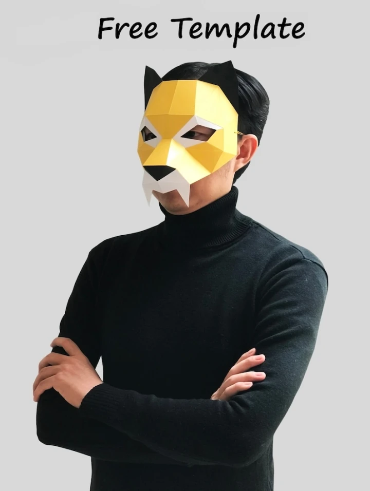 Tiger half mask free template - paper mask, papercraft mask, masks, 3d mask, low poly mask, 3d paper mask, paper mask template, animal mask halloween