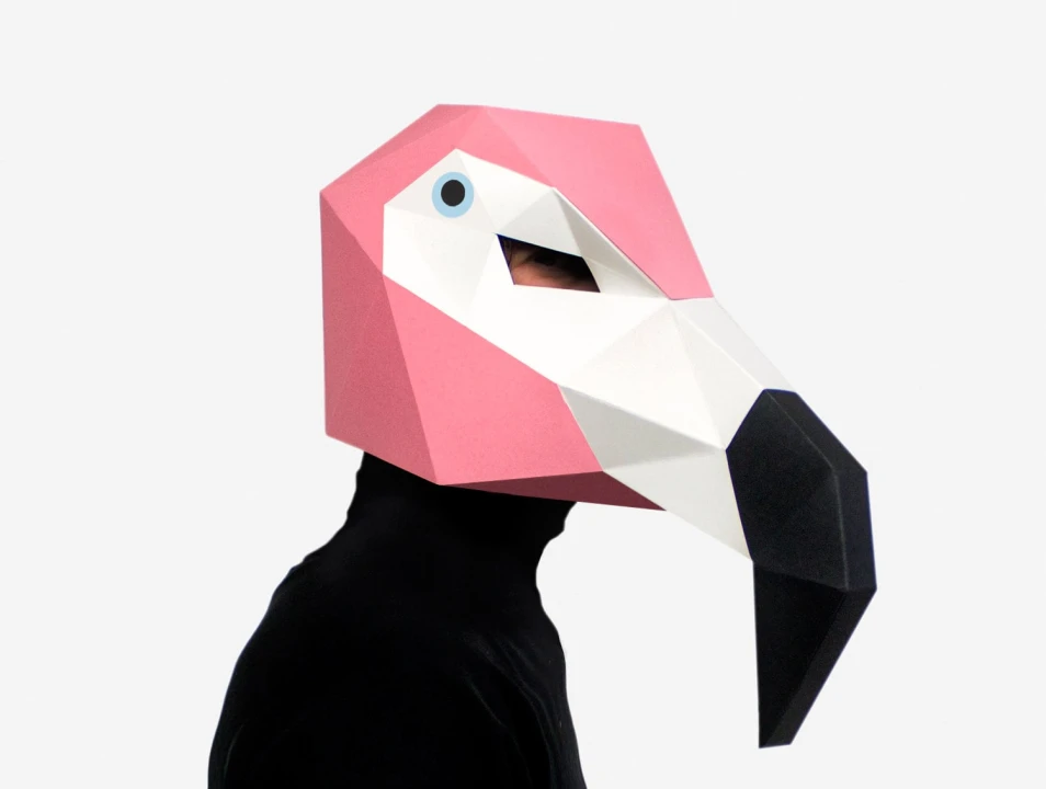 DIY Flamingo Mask, Bird Mask, 3D Paper Craft Template, Halloween Mask, Printable Paper Mask, Instant Pdf Download, Low Poly, Origami Bird