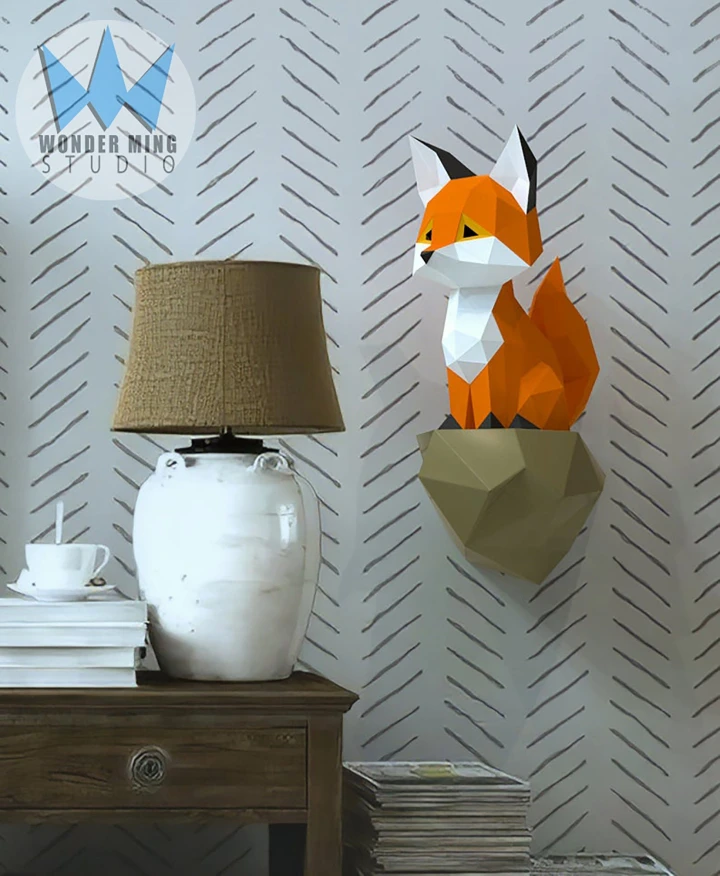 Baby Fox sitting on rock Papercraft, Lowpoly, Low poly Papercraft