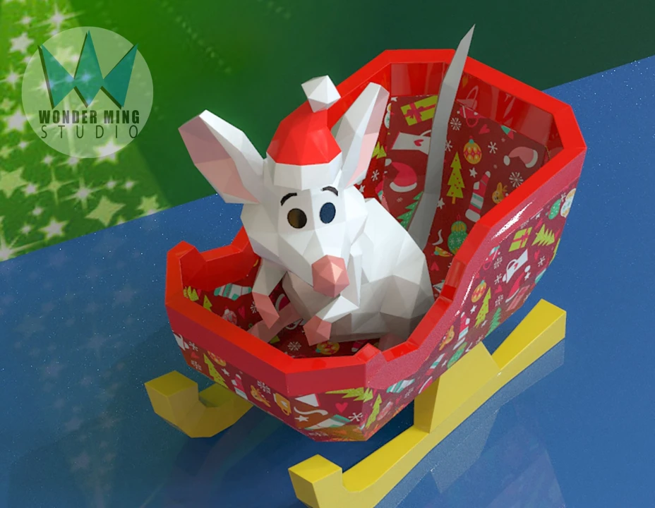 Mouse Christmas Sleigh Papercraft, Lowpoly, Low poly Papercraft