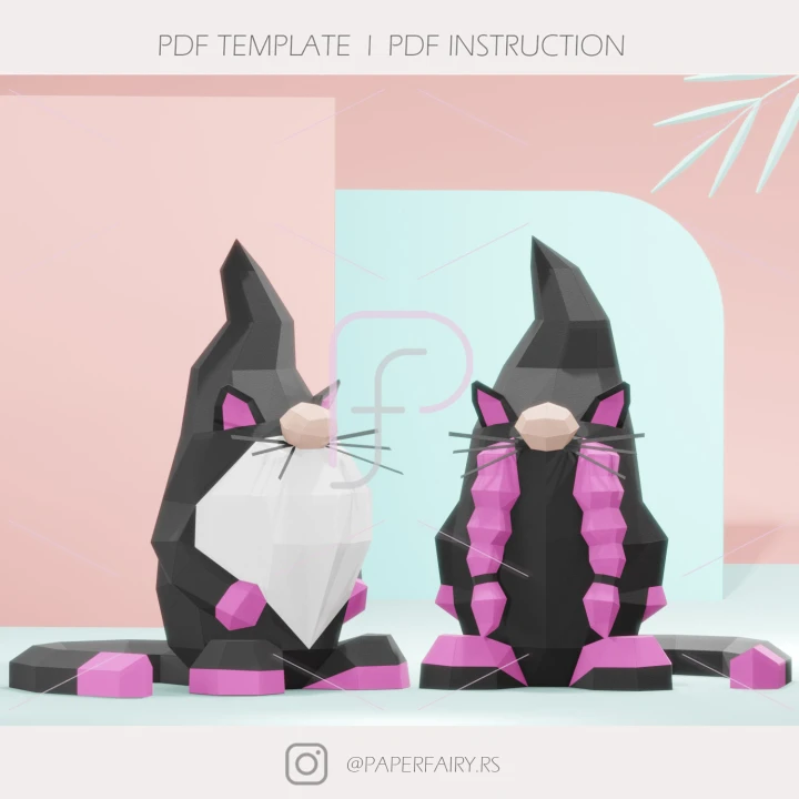 Low Poly Cat Gnomes ,2 designs, Halloween 3d Papercraft DIY paper sculpture decor
