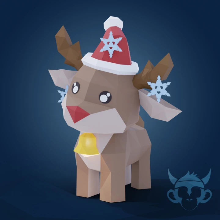 REINDEER CHRISTMAS, Papercraft, Template, DIY, Paper, Low Poly, Cute, Kawaii, 3D Model, Pdf Low Poly, Kids Toy