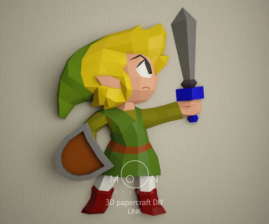 Link, DIY, Papercraft, PDF, Low Poly, 3D model, Craft, Paper, Zelda, GBA, Retro Game, Room Decor, Wall Decor, Moon Studio
