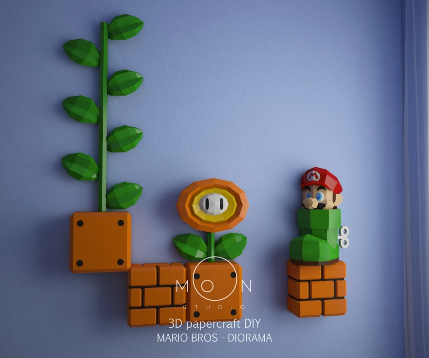 Mario Bros Diorama, DIY, Papercraft, PDF, Low Poly, 3D model, Craft, Paper, Nes, Snes, Retro Game, Movie, Room Decor, Wall Decor