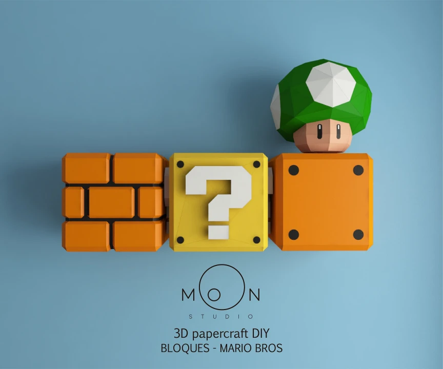 Blocks, DIY, Papercraft, PDF, Low Poly, 3D model, Craft, Paper, Mario, Retro Game, Nes, Snes, GBA, Gb, Room Decor