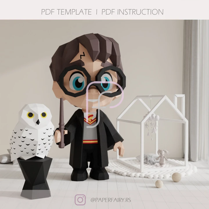 Wizard Boy Harry Potter 3D Papercraft PDF Template - DIY Low Poly Paper Model with Owl, Origami Sculpture for Room Decor, Printable Craft