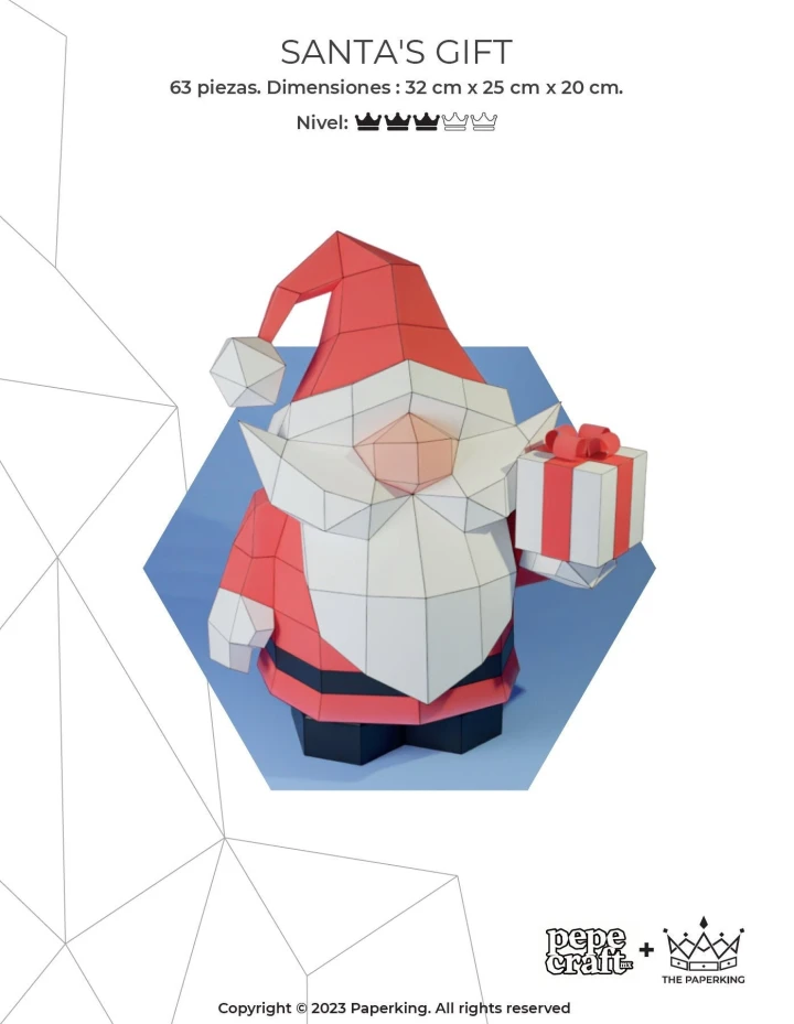 Santa Claus Papercraft 3D, pepakura Pdf template Low polygonal Paper Sculpture Diy Decor home loft office gift