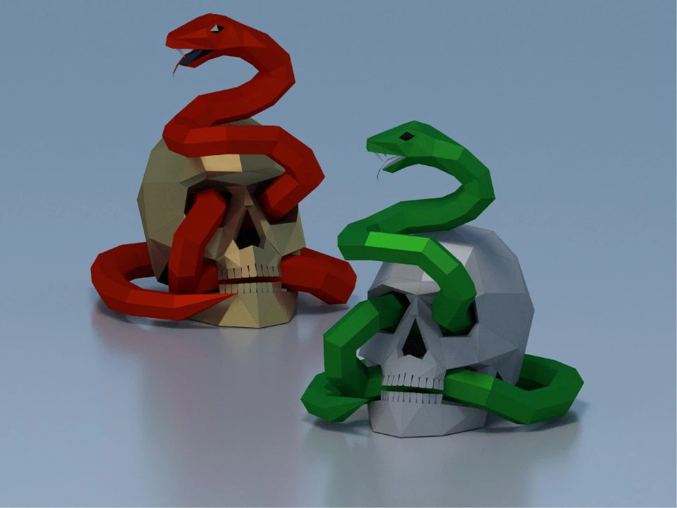 Papercraft 3D skull with snake template for halloween decor, digital papercraft PDF template, low poly paper decor, DIY halloween decor Papercraft 3D skull with snake template for halloween decor, digital papercraft PDF template, low poly paper decor, DIY halloween decor