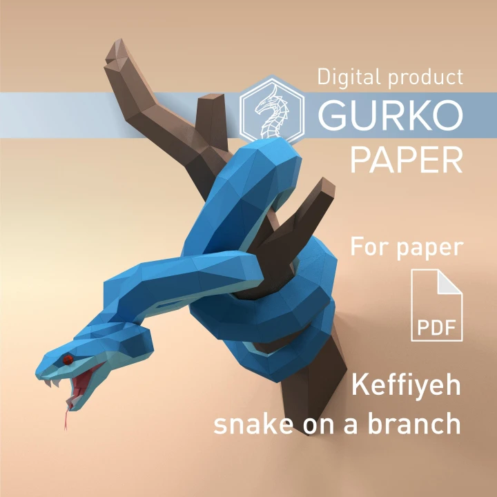 Keffiyeh Snake On A Branch Papercraft, Digital Template, PDF Download, Gurko, 3D Low Poly, Pepakura, DIY Origami Sculpture, Paper Decor