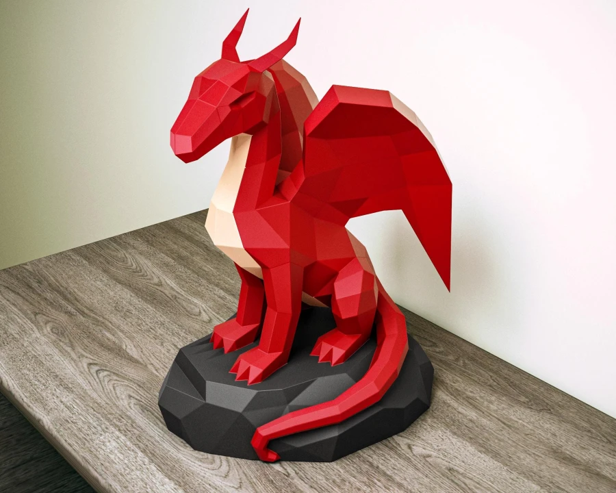 Papercraft Dragon on a rock, DIY paper craft dragon template, 3D papercraft dragon PDF pattern, low poly paper model sculpture dragon kit