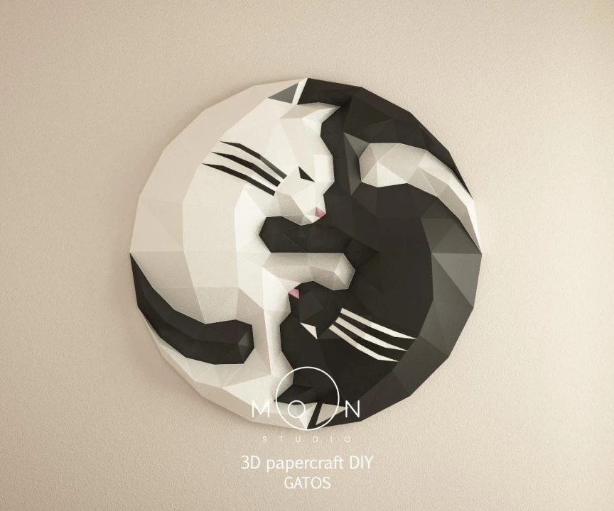 Yin Yang Cats, DIY, Papercraft, pdf, Low Poly, 3D model, Craft, maker, Moon Studio, Room Decor, Wall Decor