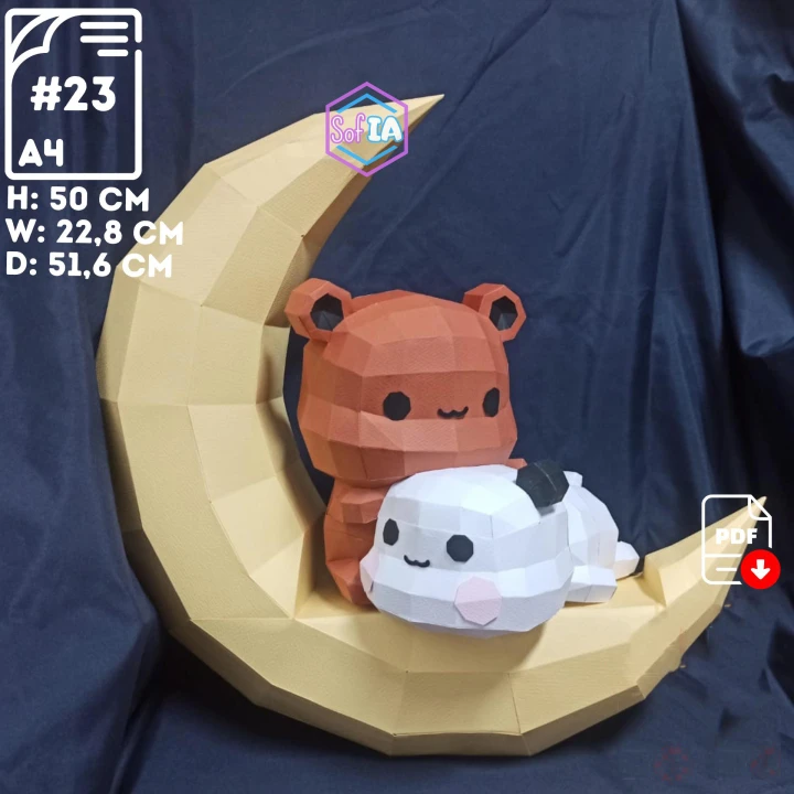 Couple Bears on Moon, Kawaii Bears on the moon, Cute, Papercraft PDF Template For office, Room, Decor, DIY gift for friends, family, Low poly Paper, Paper Craft 3D kit by SoPhiaPrintD