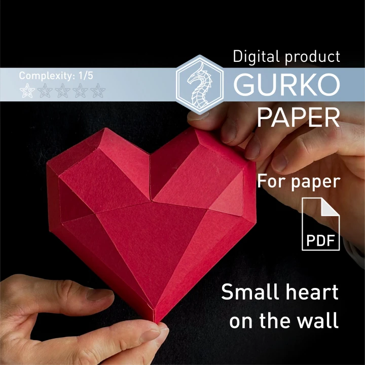 Papercraft Small Heart On Wall, Digital Template, PDF Download, Gurko, 3D Low Poly, Pepakura, DIY Origami Sculpture, St Valentines Decor